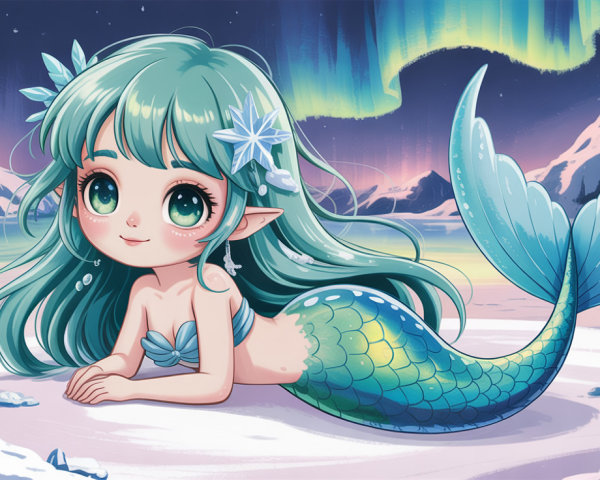 Young mermaid in teal on frozen landscape with snowflakes