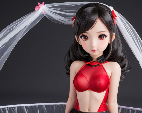Detailed Doll with Black Hair and Red Accessories