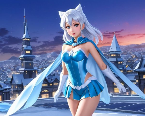 Character in Blue Outfit on Snowy Landscape at Twilight