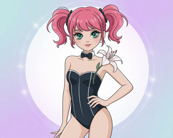 Anime Girl in Black Bunny Suit with Pink Hair