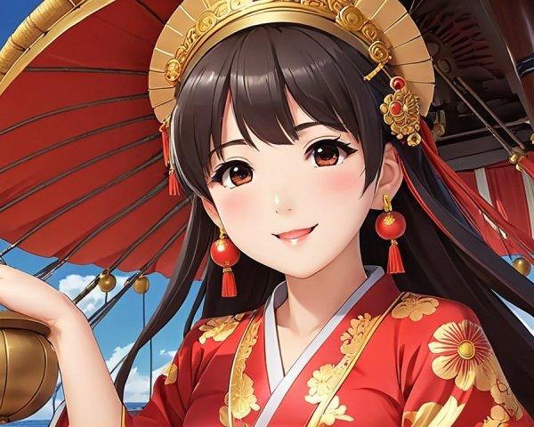 Young Woman in Traditional Red and Gold Attire