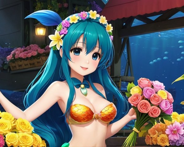 Cheerful Anime Girl with Turquoise Hair and Flowers