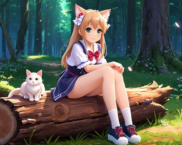 Young girl with cat ears in a forest setting