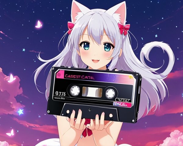 Cheerful anime girl with cat ears and cassette tape