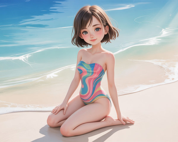 Anime girl in colorful swimsuit on sandy beach