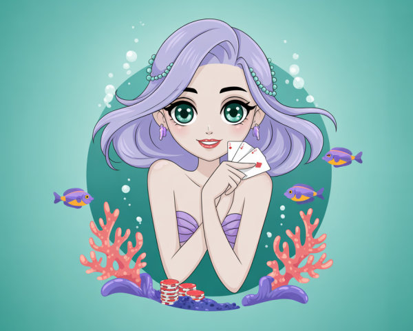Cute Mermaid with Purple Hair and Playing Cards