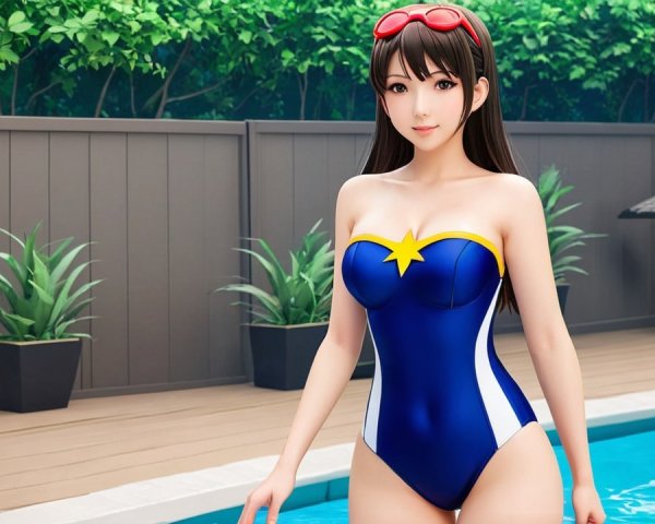 Young woman in blue swimsuit by a swimming pool