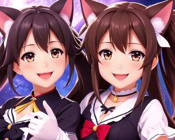 Animated Characters with Cat Ears in Cosmic Scene
