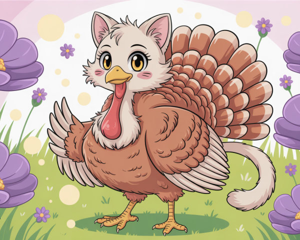Anime-Style Anthropomorphic Turkey on Green Grass