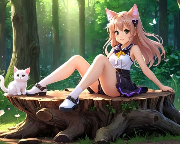 Young girl with cat ears in sunlit forest setting