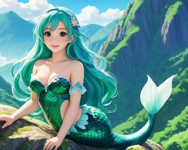 Mermaid with Teal Hair on Rocky Outcrop in Nature