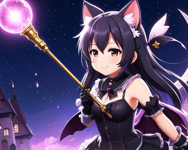 Fantasy Character with Cat Features Under Starry Sky
