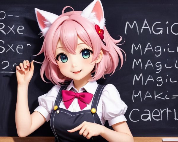 Vibrant anime character with pink hair and cat ears
