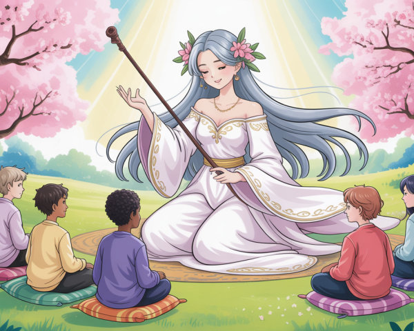 Anime Illustration of Woman with Children in a Field