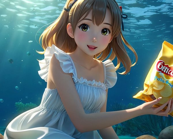 Underwater Scene of Girl in White Dress with Chips