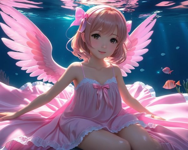 Young girl with pink wings underwater in soft pink dress