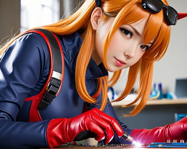 Young woman in blue and red outfit working with tech