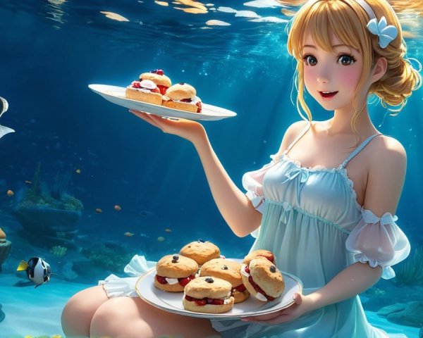 Young Woman in Vibrant Underwater Scene with Snacks