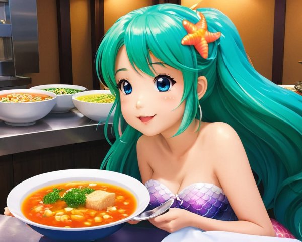 Mermaid Girl in Colorful Kitchen with Soup Bowl