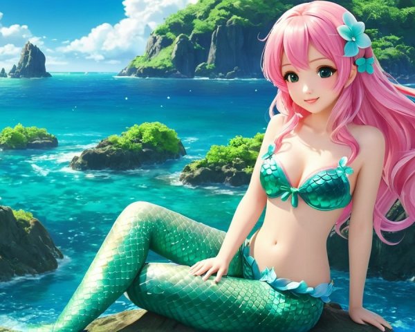 Whimsical Mermaid by Shoreline with Colorful Fish