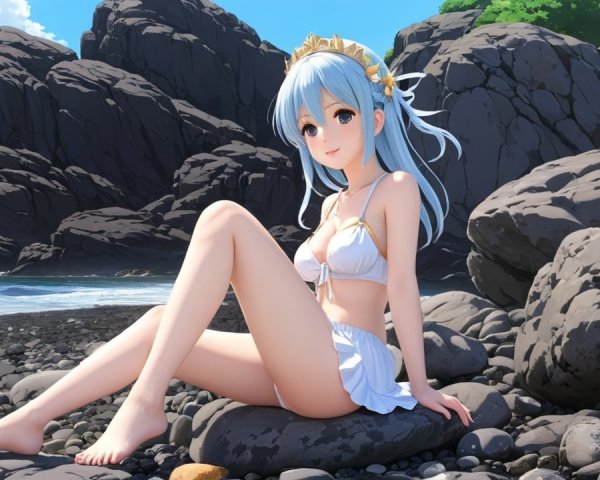 Anime Character on Serene Beach with Floral Crown