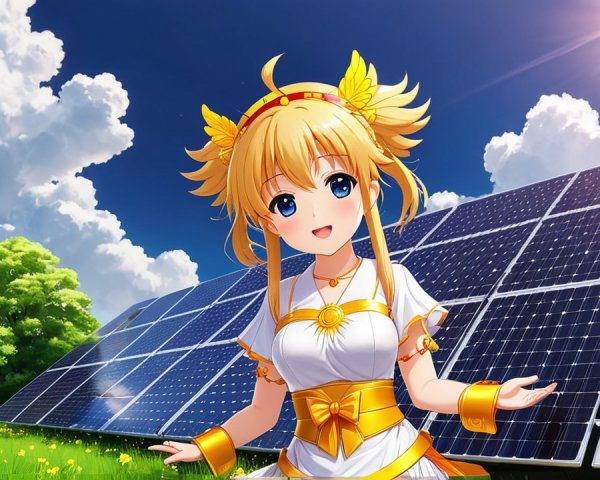 Anime Girl in Nature with Solar Panels and Sunshine