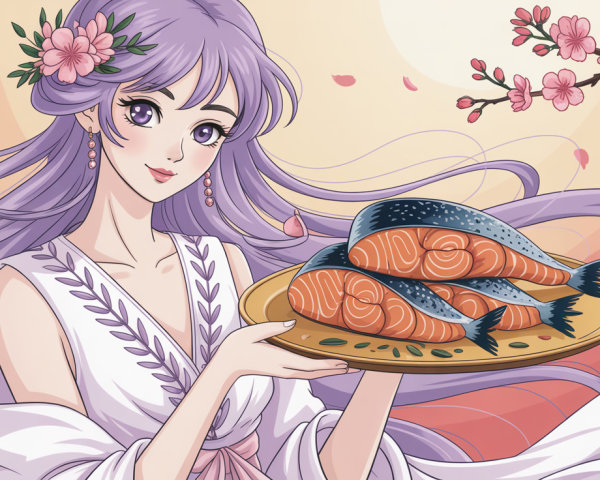 Ethereal Anime Girl with Lavender Hair and Salmon Fillets
