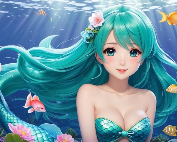Vibrant Underwater Scene with Mermaid and Marine Life