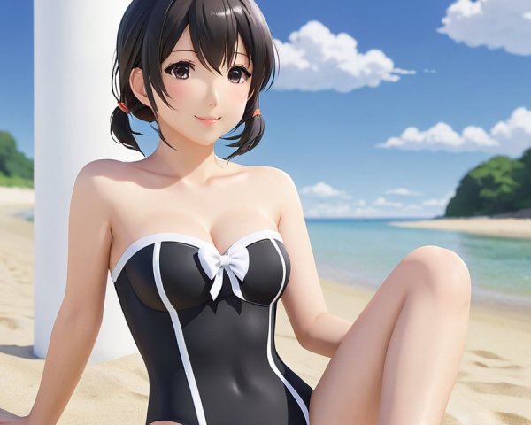 Young Character in Swimsuit on Sunny Beach Scene