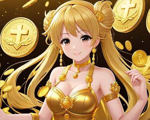 Character in Gold Outfit Surrounded by Coins