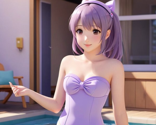 Cheerful anime character by a blue pool in sunlight