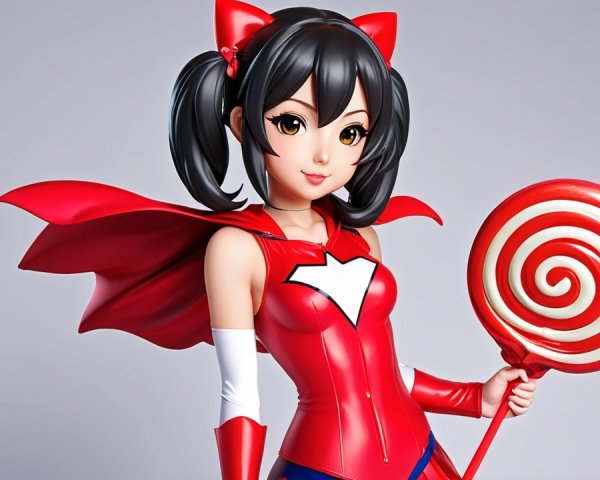 Cheerful superhero character in vibrant attire and lollipop