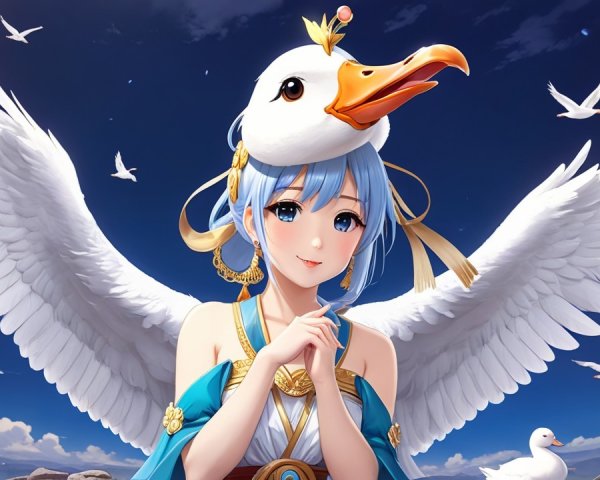Whimsical Character with Blue Hair and Ethereal Wings