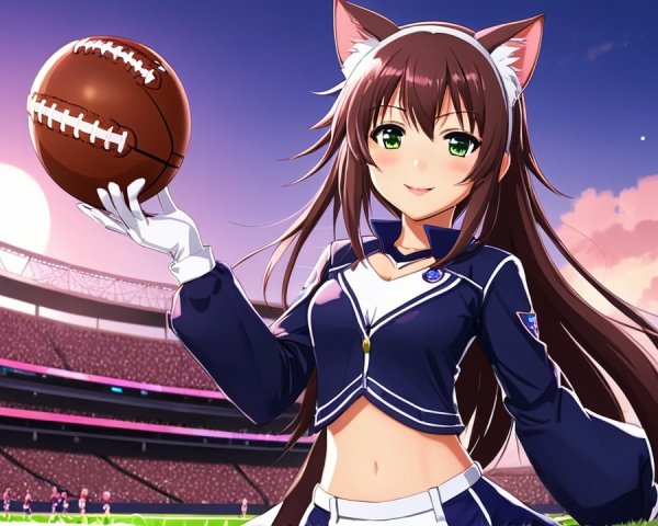Cheerful anime character with cat ears in stadium
