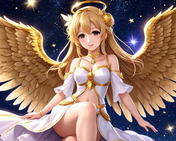 Celestial Figure with Golden Wings Against Starry Background