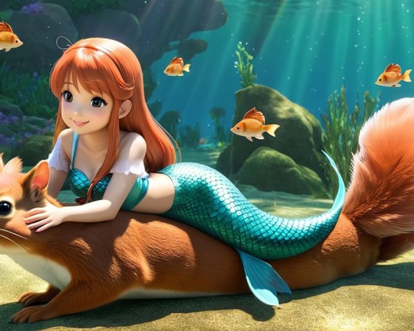 Whimsical Underwater Scene with Mermaid and Squirrel