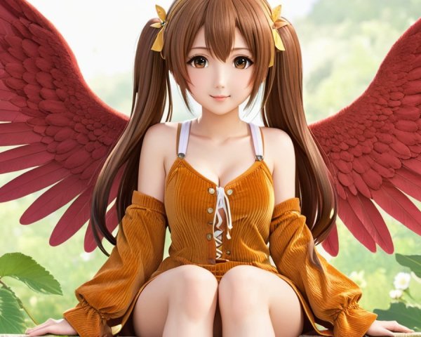 Whimsical Character with Red Wings in Lush Setting