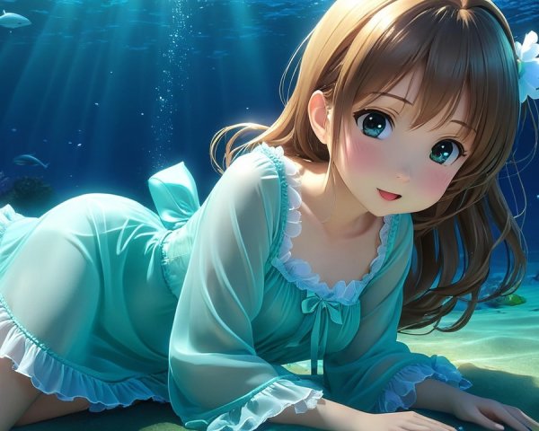 Underwater Scene with a Cheerful Girl and Fish