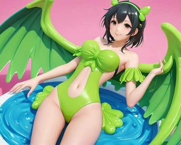 Character with Green Wings in Pool Setting