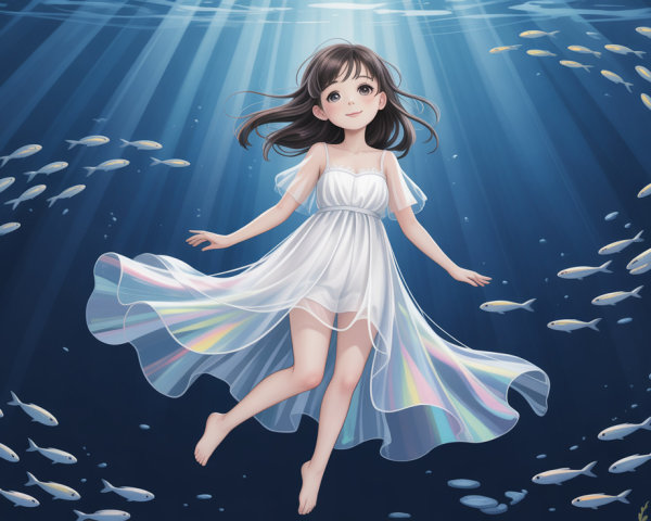 Anime girl swimming underwater in a sheer white dress
