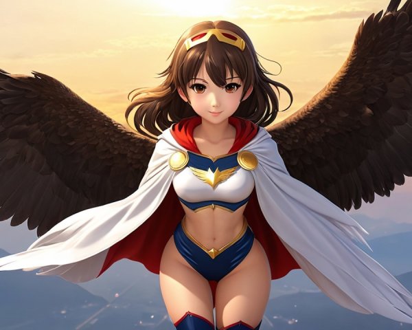 Female Character with Wings at Sunset in Superhero Costume