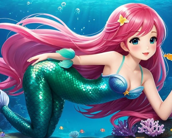 Animated Mermaid in Vibrant Underwater Scene