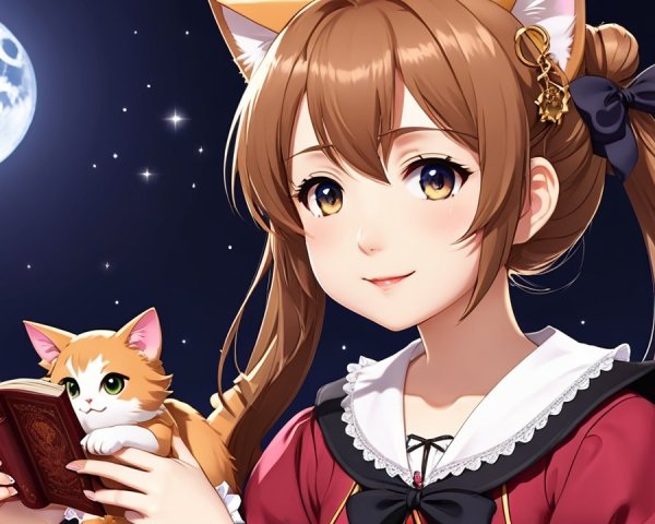 Young girl with cat ears reading under a full moon