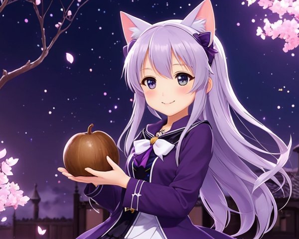 Anime Character with Lavender Hair Under Starry Sky