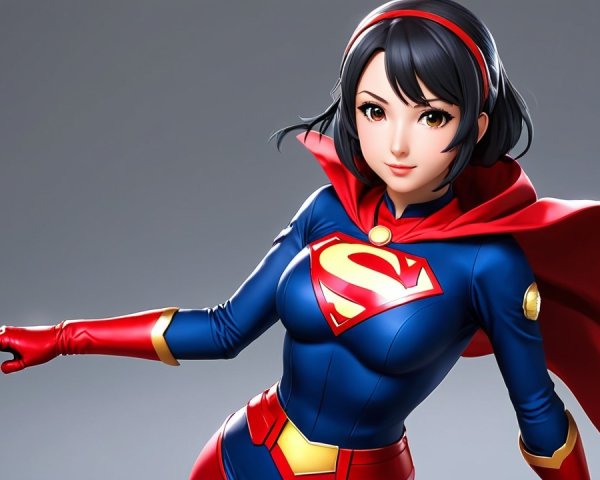 Dynamic Superheroine in Blue Suit with Red Cape