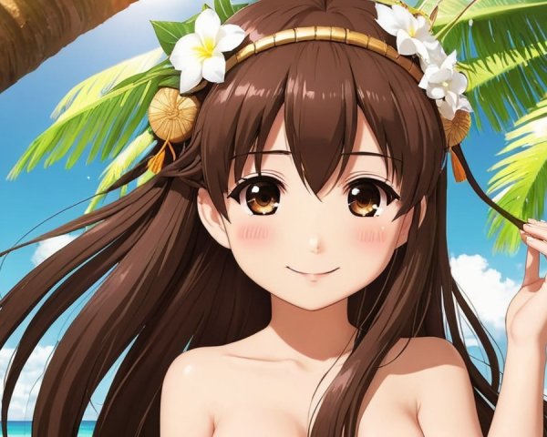 Young girl in tropical setting with floral headpiece