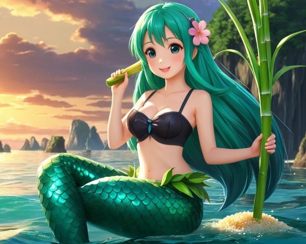 Vibrant Mermaid in Tranquil Water at Sunset