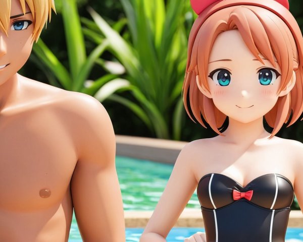 Anime Characters by Swimming Pool on a Sunny Day