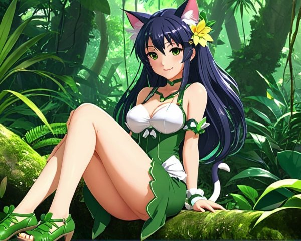 Young woman with cat features in a jungle setting
