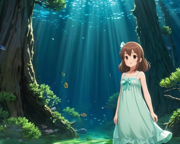 Underwater Scene with Young Girl in Mint Green Dress